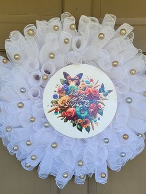 Handmade 'With God All Things Are Possible' White Decorative Mesh Wreath